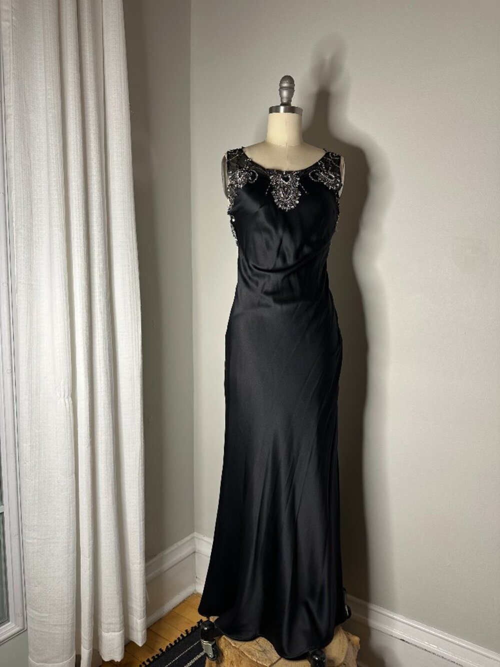 Vintage Black Gala Dress / Beaded Open Back Evening Gown